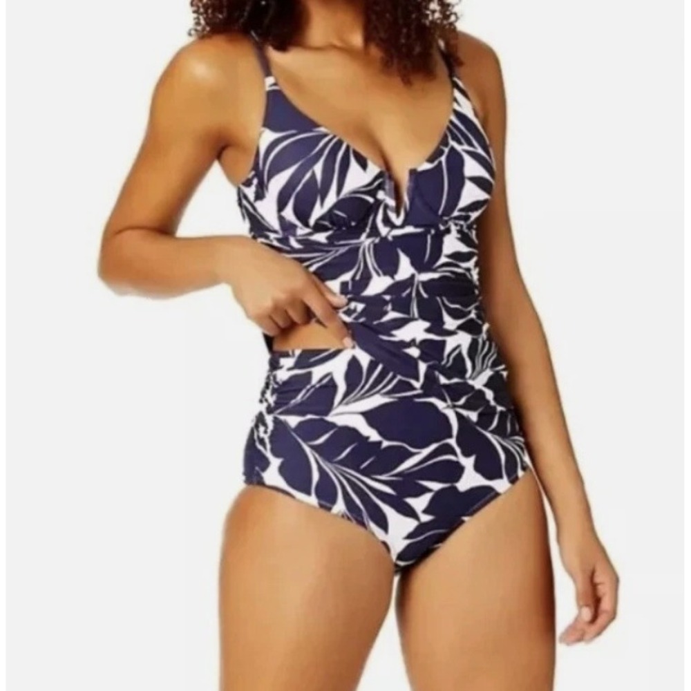 ANNE COLE Underwire Tankini 2 Pc Set Tropical Leaf Ruched Navy White Sz XXL